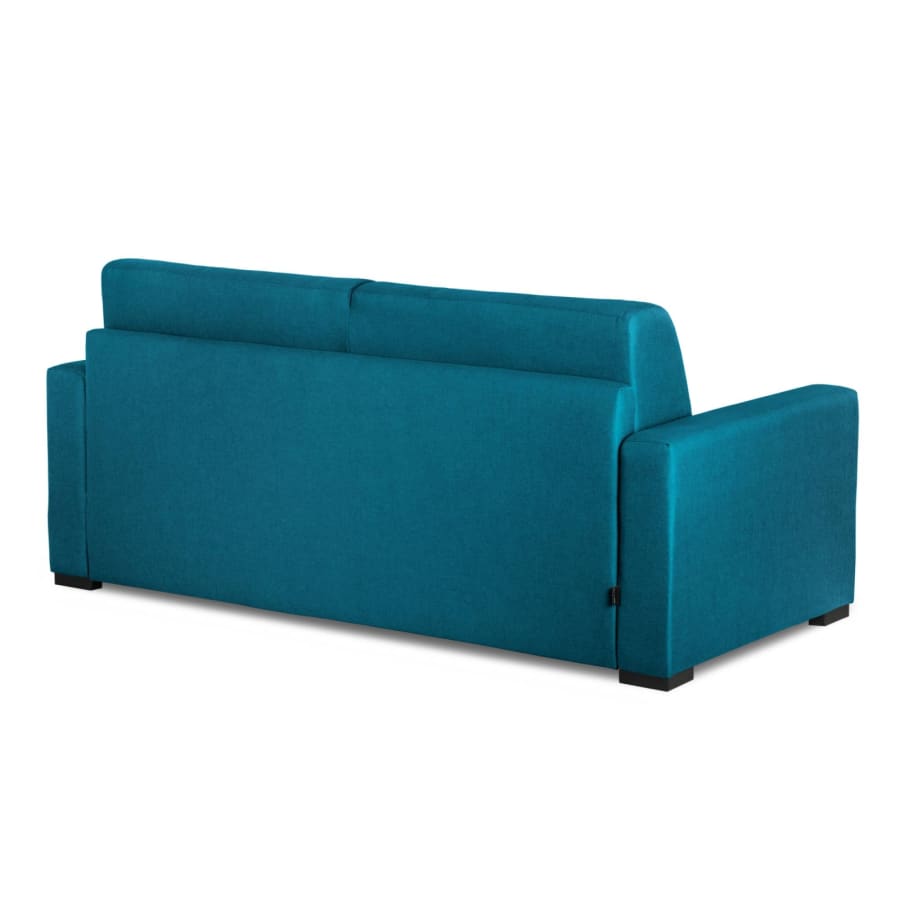 Canapé convertible 3 places en tissu bleu pétrole ouverture express matelas 14 cm