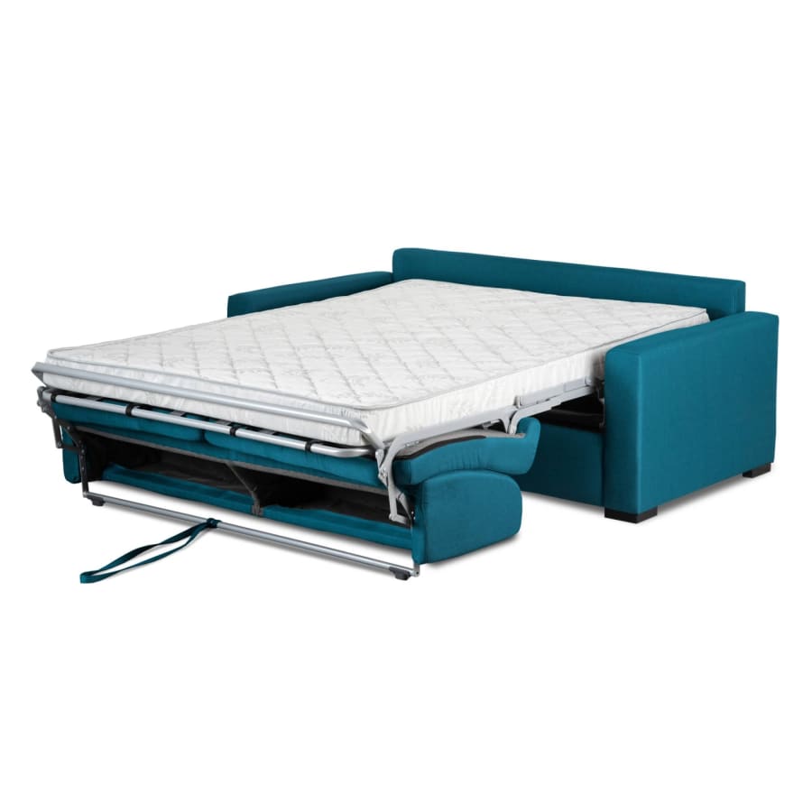 Canapé convertible 3 places en tissu bleu pétrole ouverture express matelas 14 cm