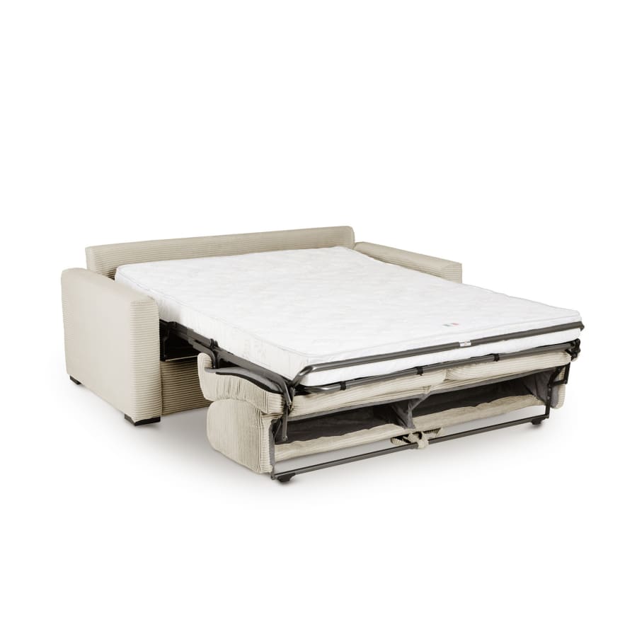 Canapé convertible 3 places en velours côtelé beige ouverture express matelas 14 cm