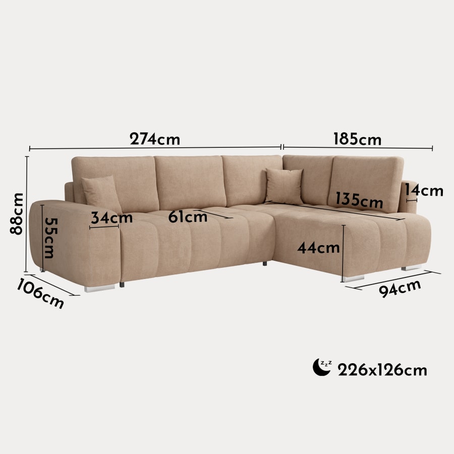 Canapé d'angle convertible avec coffre en tissu beige - Angle droit