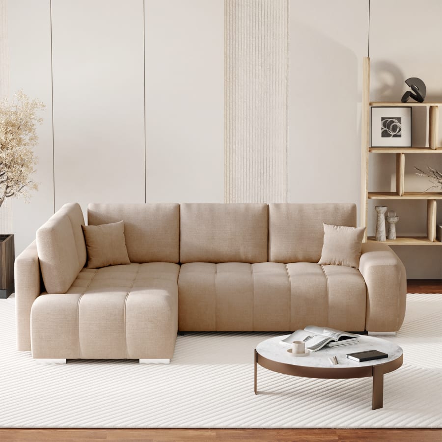 Canapé d'angle convertible avec coffre en tissu beige - Angle gauche