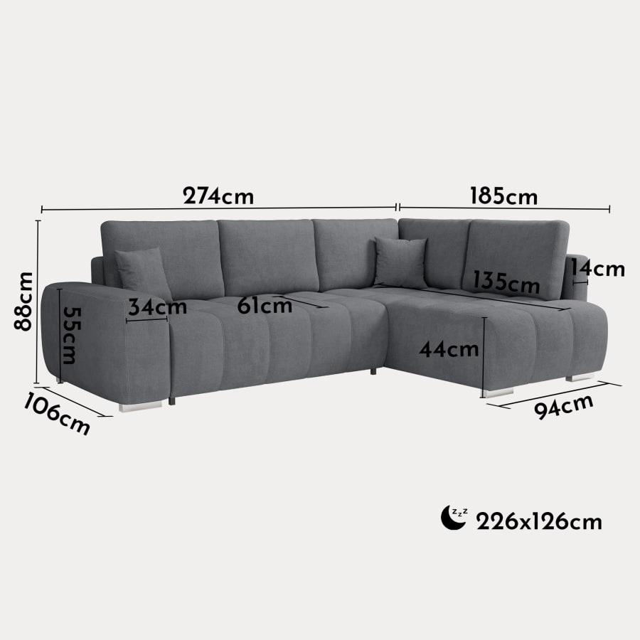 Canapé d'angle convertible avec coffre en tissu gris - Angle droit