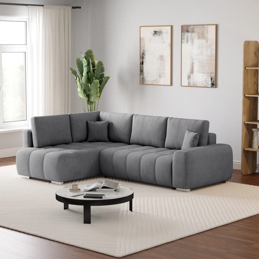Canapé d'angle convertible avec coffre en tissu gris - Angle gauche