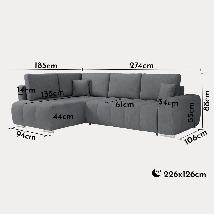 Canapé d'angle convertible avec coffre en tissu gris - Angle gauche