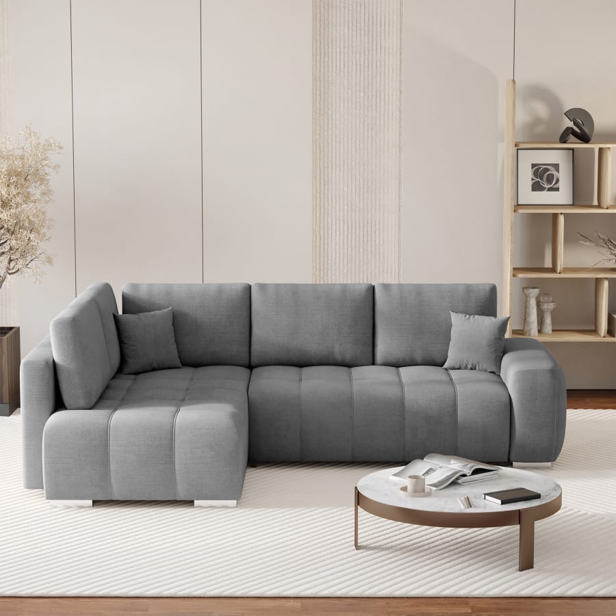 Canapé d'angle convertible avec coffre en tissu gris - Angle gauche