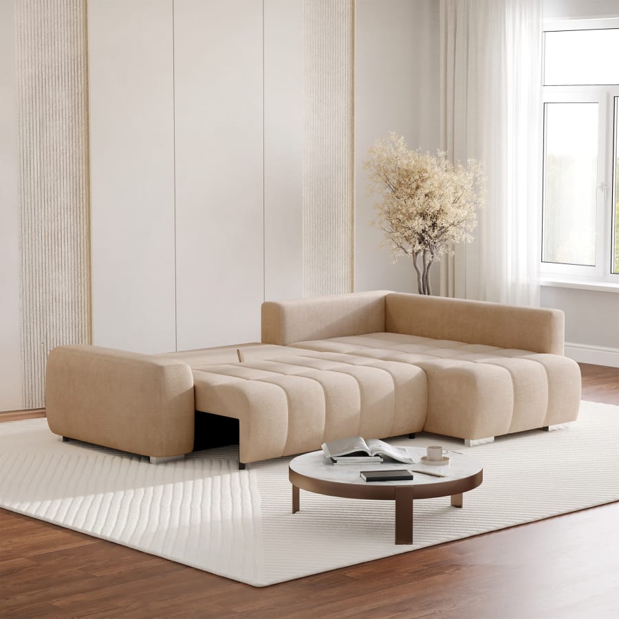 Canapé d'angle réversible et convertible avec coffre en tissu beige