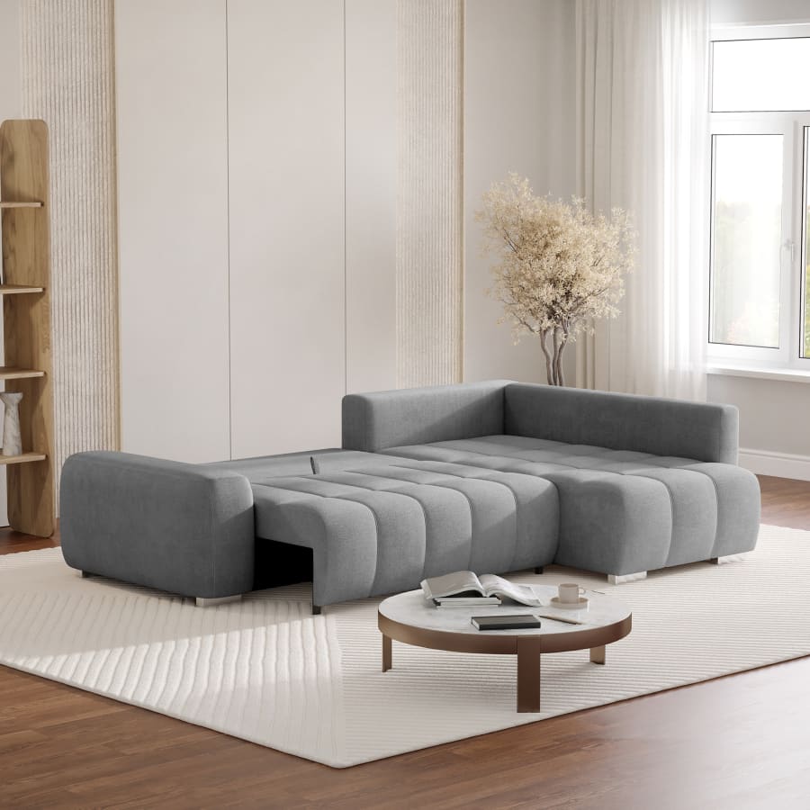 Canap&eacute; d'angle r&eacute;versible et convertible avec coffre en tissu gris