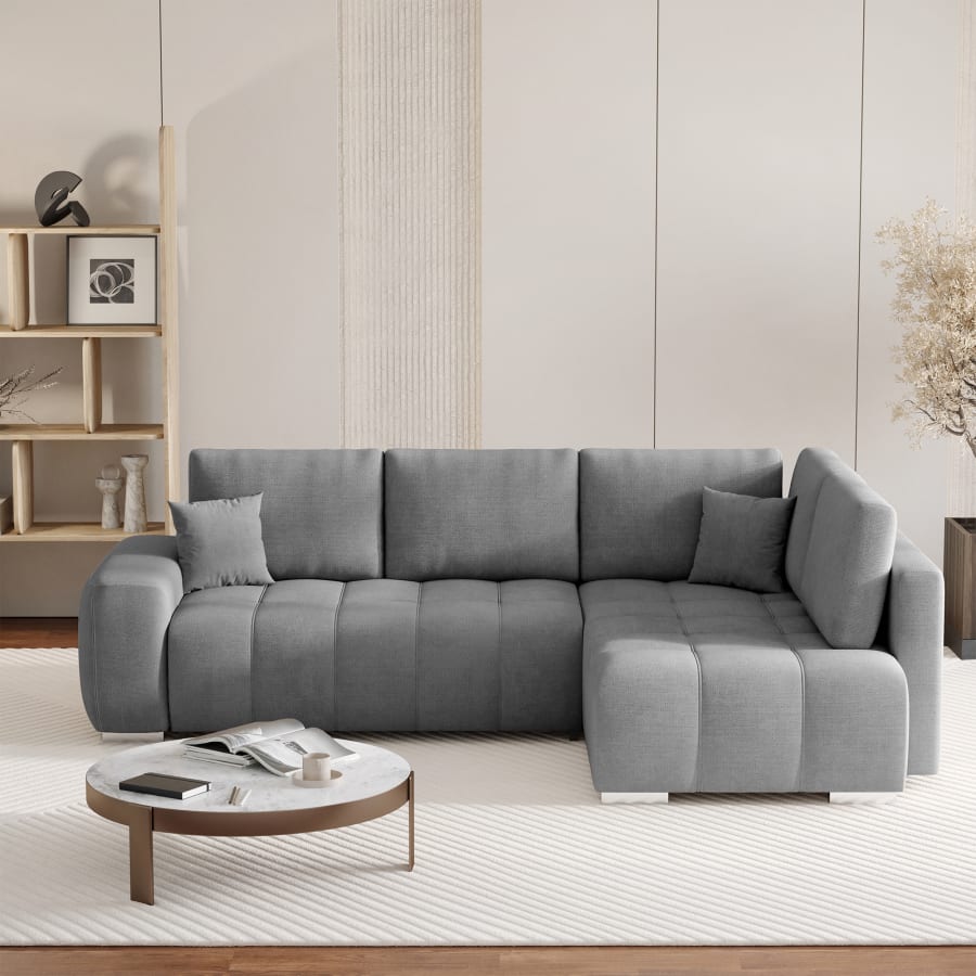 Canap&eacute; d'angle r&eacute;versible et convertible avec coffre en tissu gris