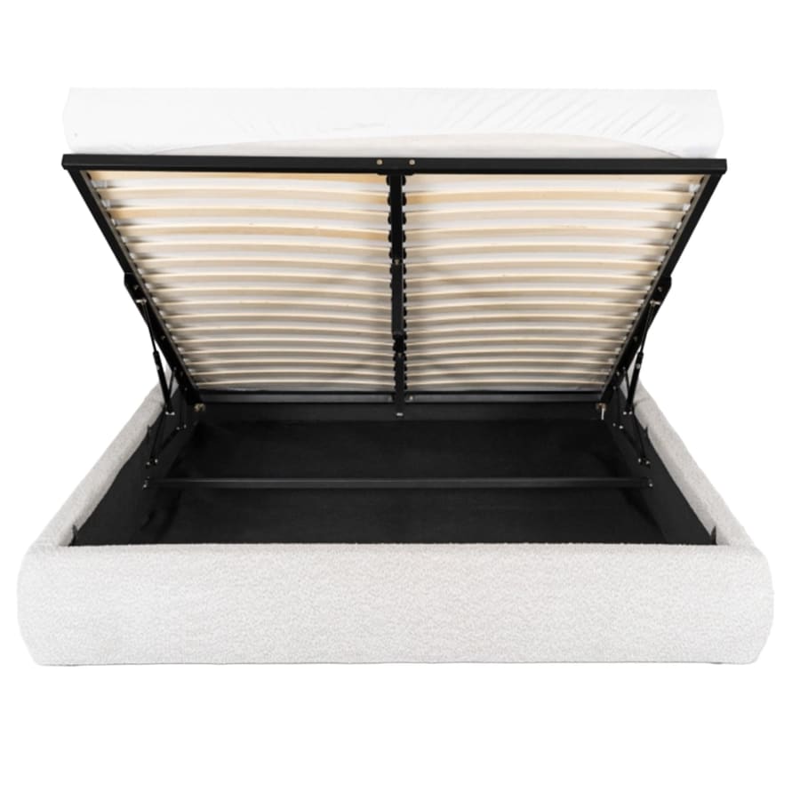 Lit double en tissu bouclette beige avec coffre 160x200 cm
