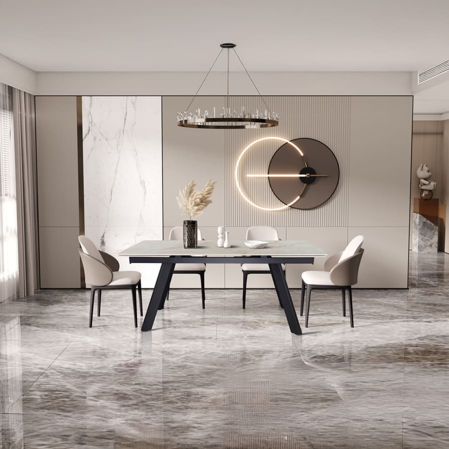 Table extensible en pierre fritt&eacute;e beige pieds en m&eacute;tal noir 160-240 cm