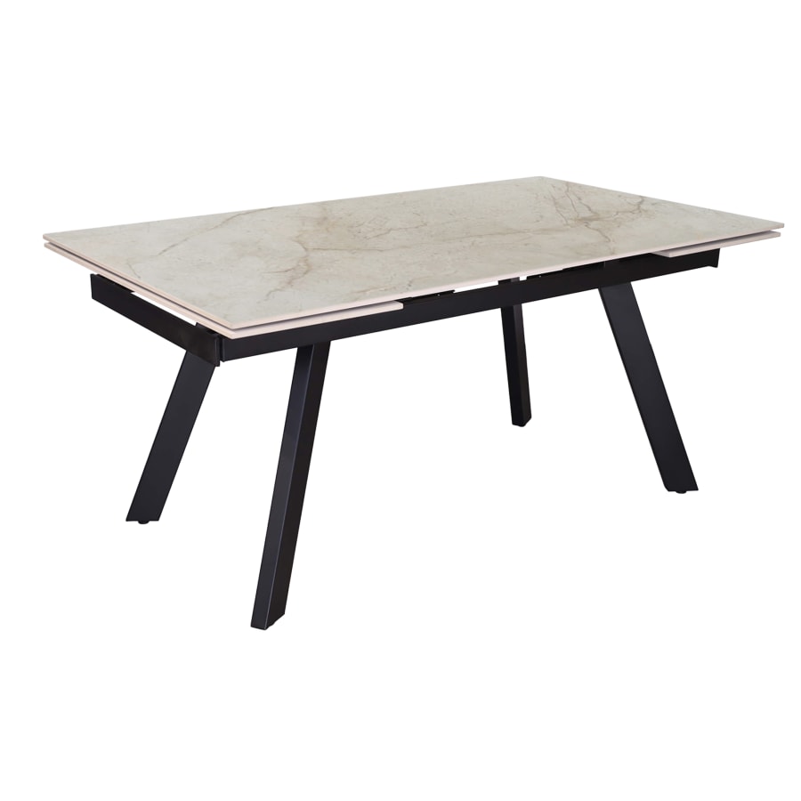 Table extensible en pierre fritt&eacute;e beige pieds en m&eacute;tal noir 160-240 cm