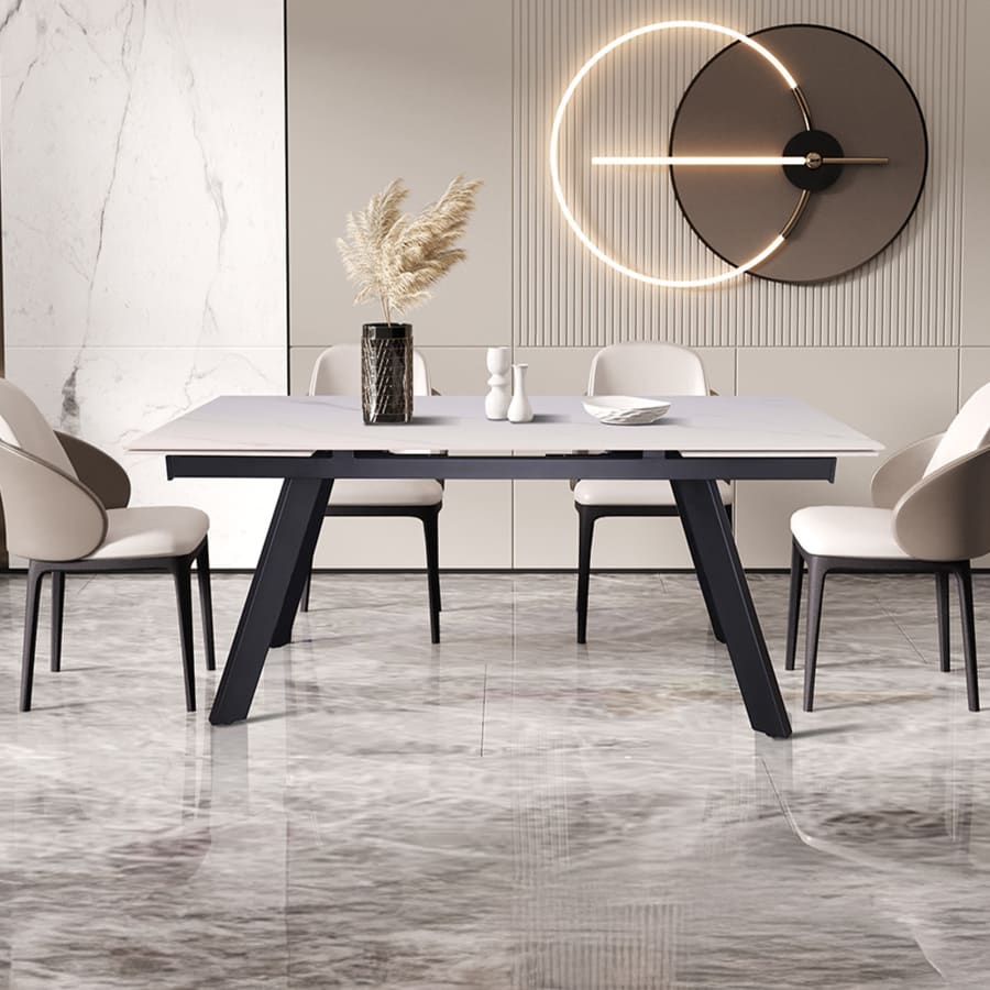Table extensible en pierre fritt&eacute;e blanc pieds en m&eacute;tal noir 160-240 cm