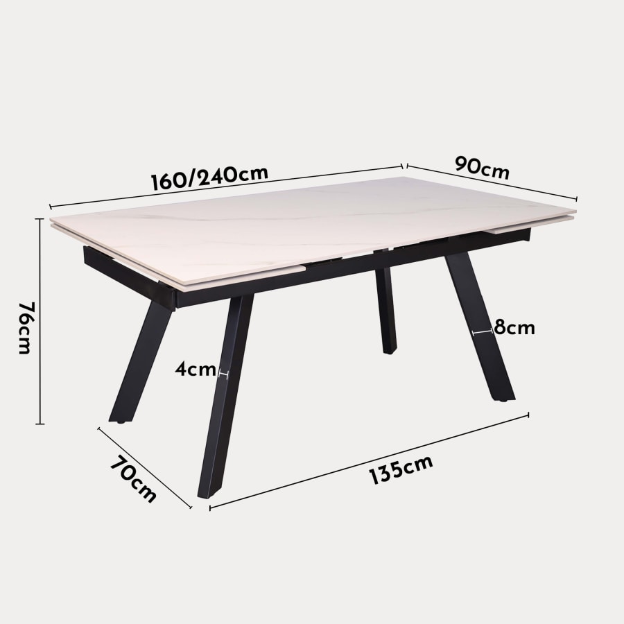 Table extensible en pierre fritt&eacute;e blanc pieds en m&eacute;tal noir 160-240 cm