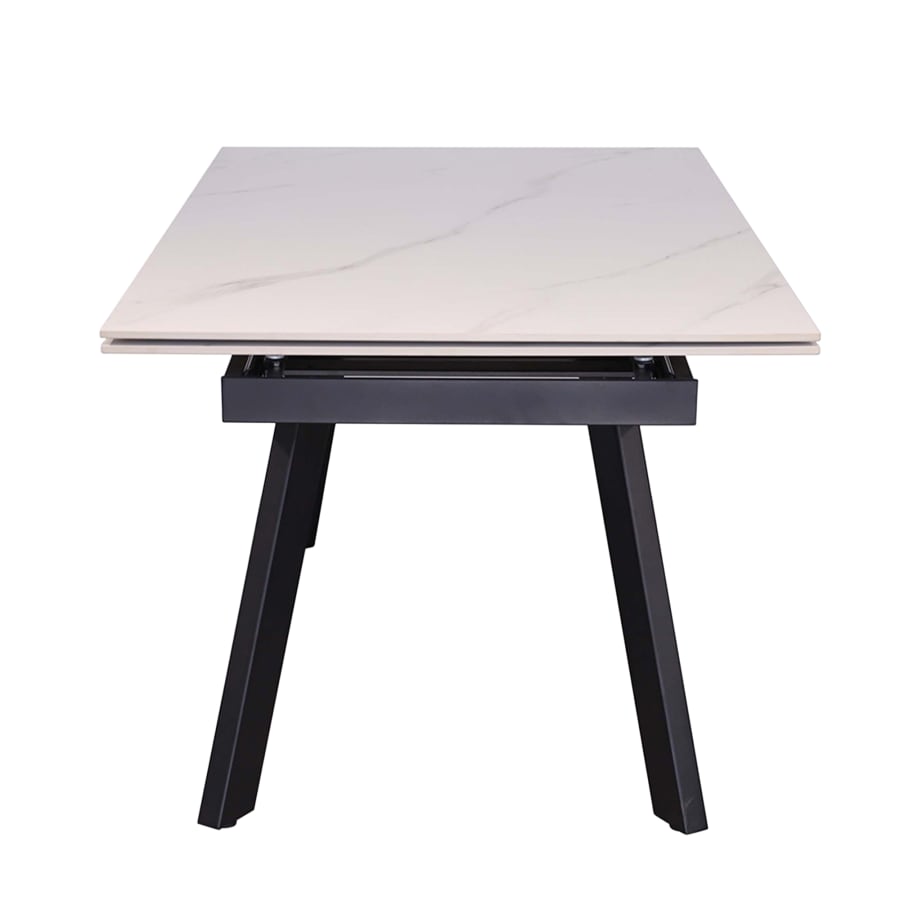 Table extensible en pierre fritt&eacute;e blanc pieds en m&eacute;tal noir 160-240 cm
