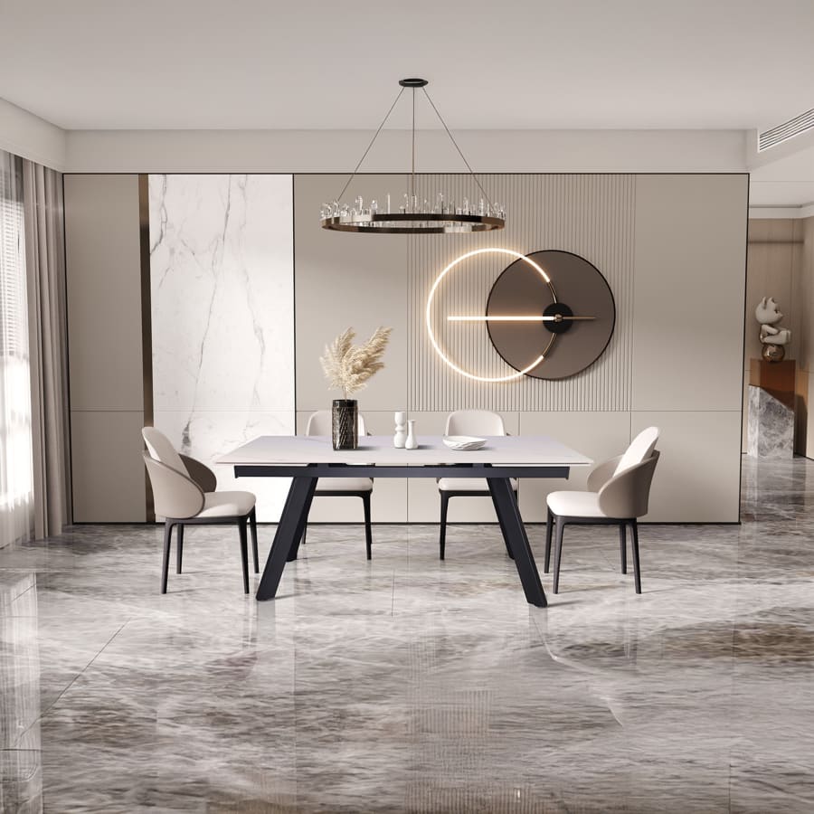 Table extensible en pierre fritt&eacute;e blanc pieds en m&eacute;tal noir 160-240 cm