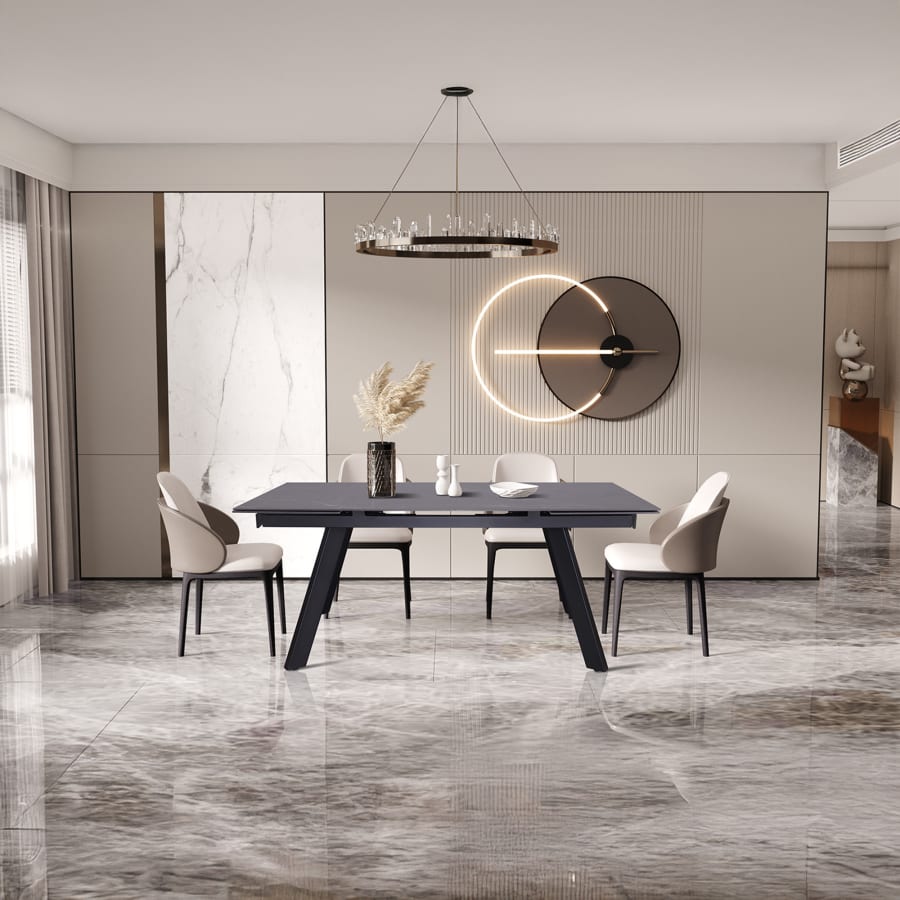 Table extensible en pierre fritt&eacute;e noir pieds en m&eacute;tal noir 160-240 cm