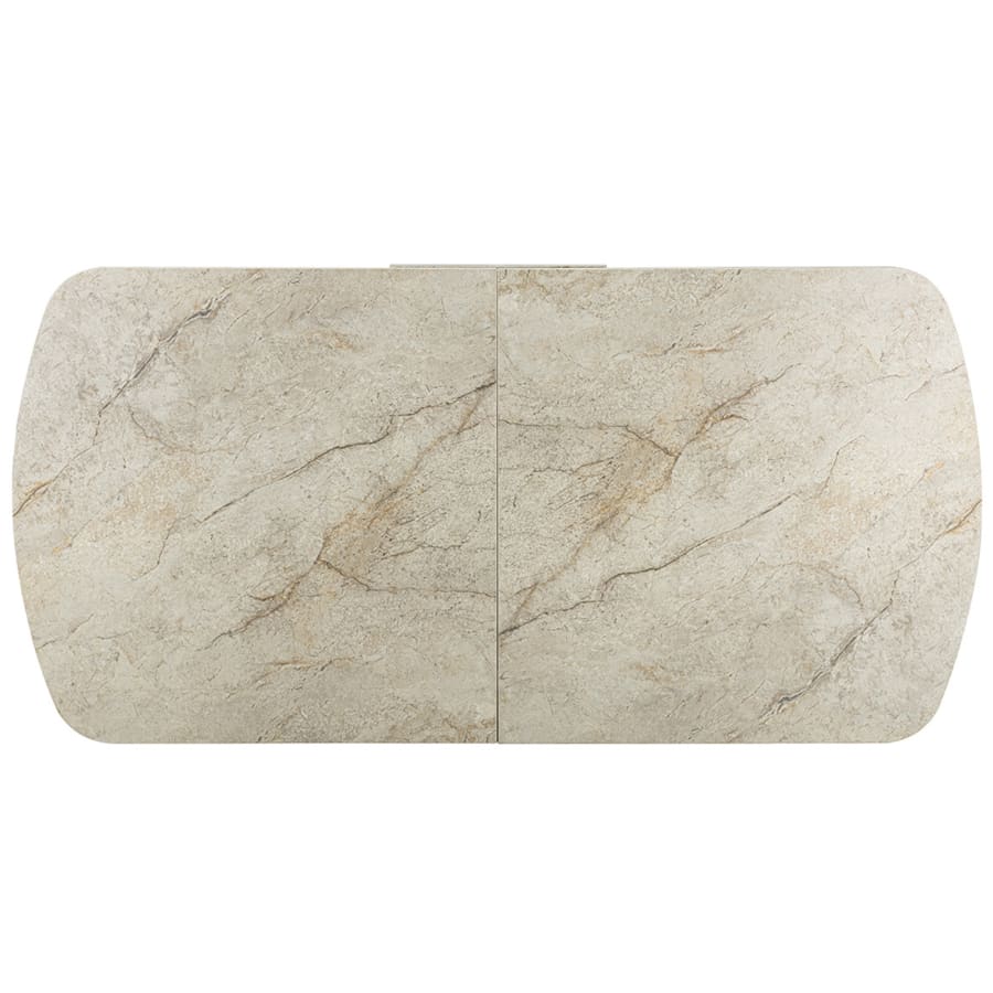 Table extensible rectangulaire en pierre fritt&eacute;e beige pieds en m&eacute;tal noir 180-220 cm