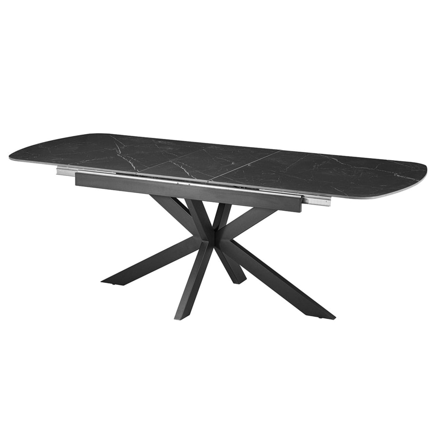 Table extensible rectangulaire en pierre fritt&eacute;e noir pieds en m&eacute;tal noir 180-220 cm