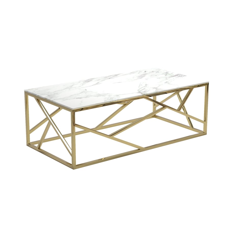 Table basse rectangulaire effet marbre blanc et métal doré