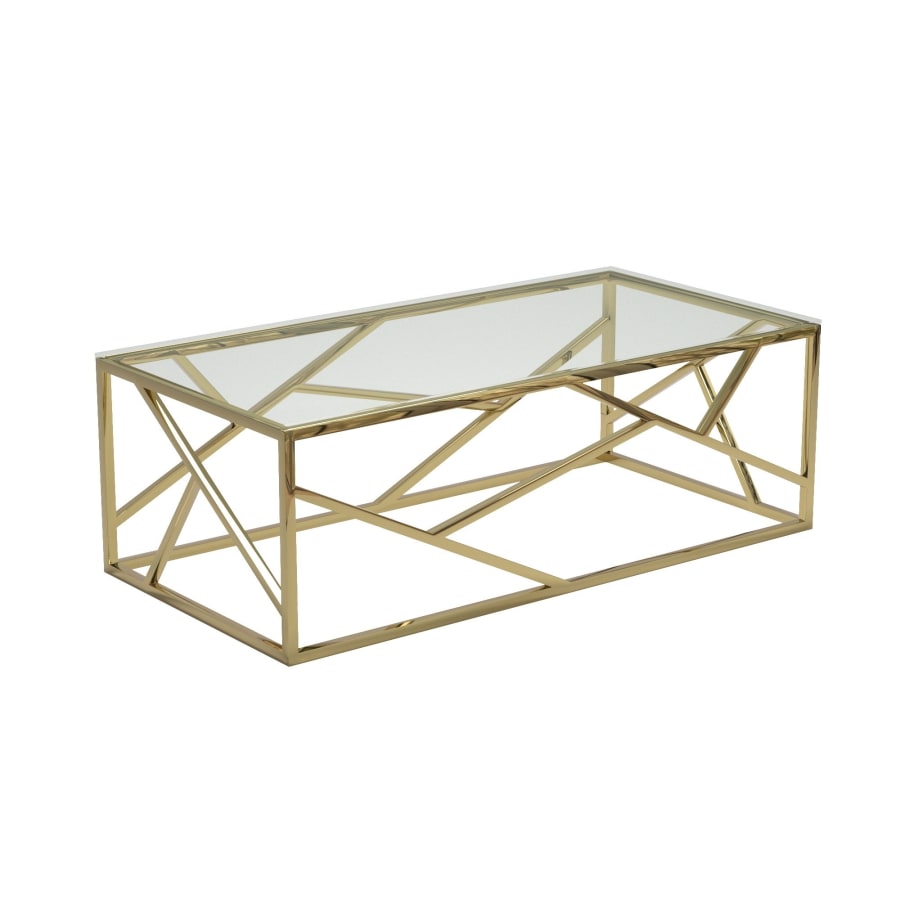 Table basse rectangulaire en verre et m&eacute;tal dor&eacute;