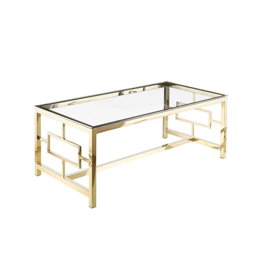 Table basse rectangulaire design en verre et m&eacute;tal dor&eacute;
