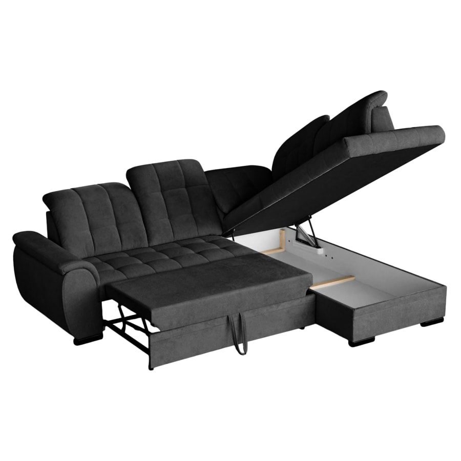 Canapé d'angle convertible avec coffre en tissu noir - Angle droit