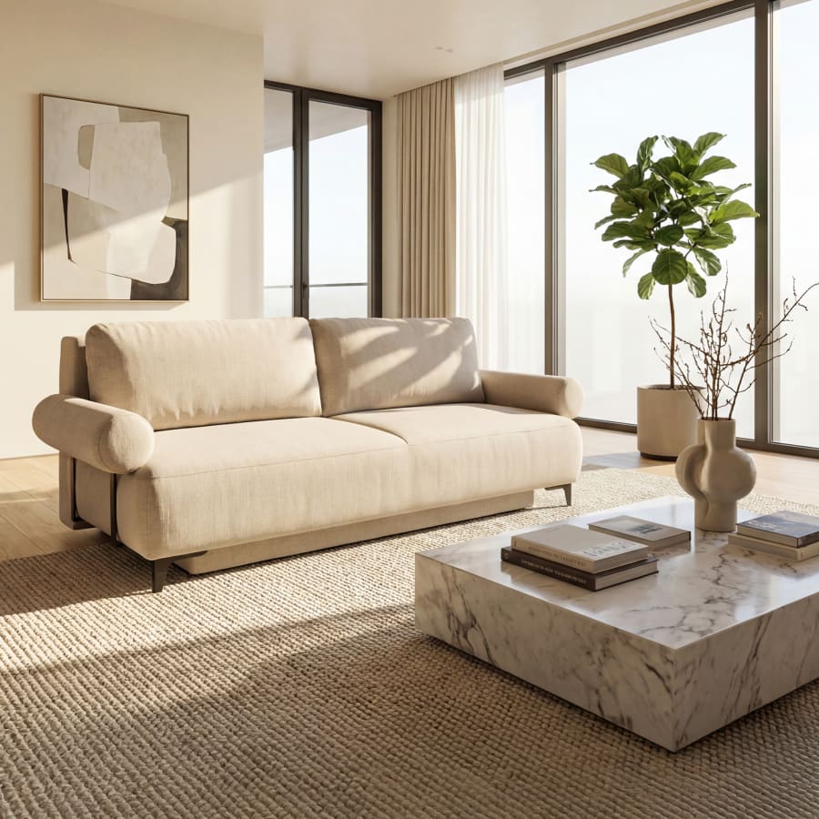 Canap&eacute; 3 places convertible avec coffre en tissu beige