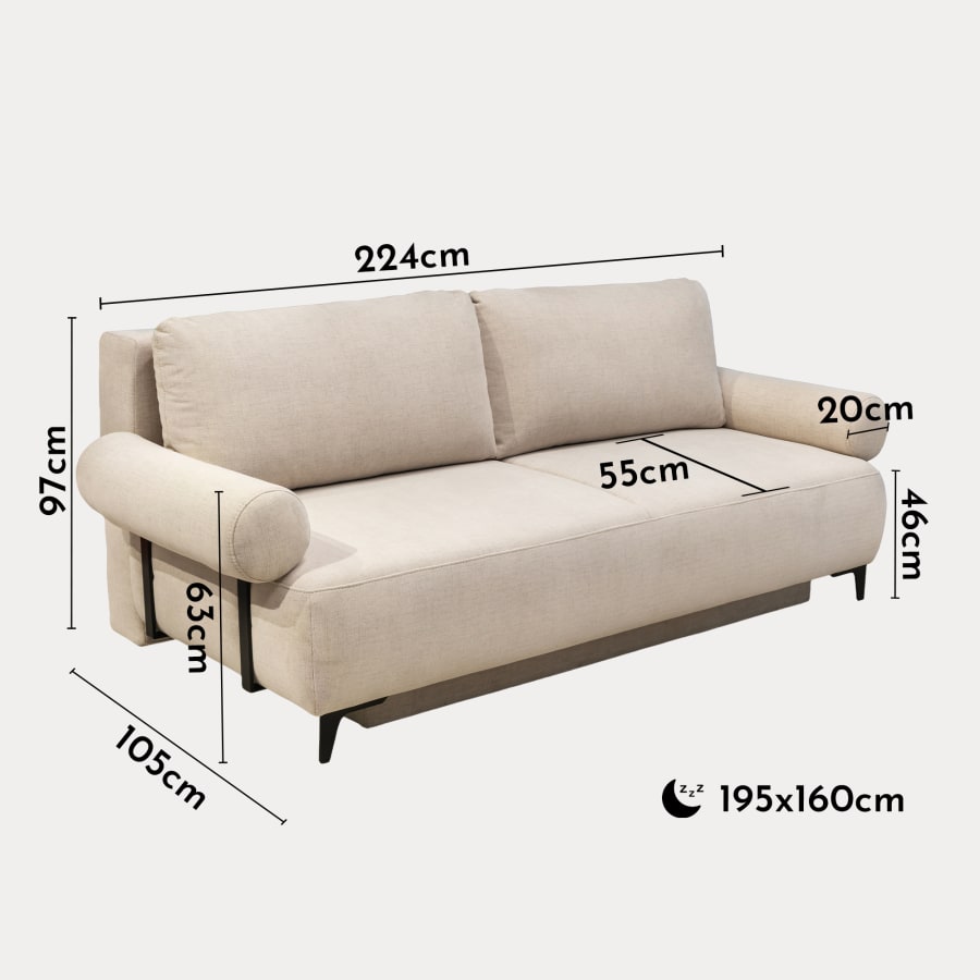 Canap&eacute; 3 places convertible avec coffre en tissu beige