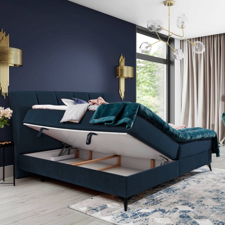 Lit boxspring 140x200 avec coffre de rangement en velours bleu foncé JOSIE