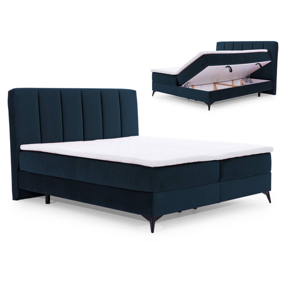 Lit boxspring 140x200 avec coffre de rangement en velours bleu foncé JOSIE