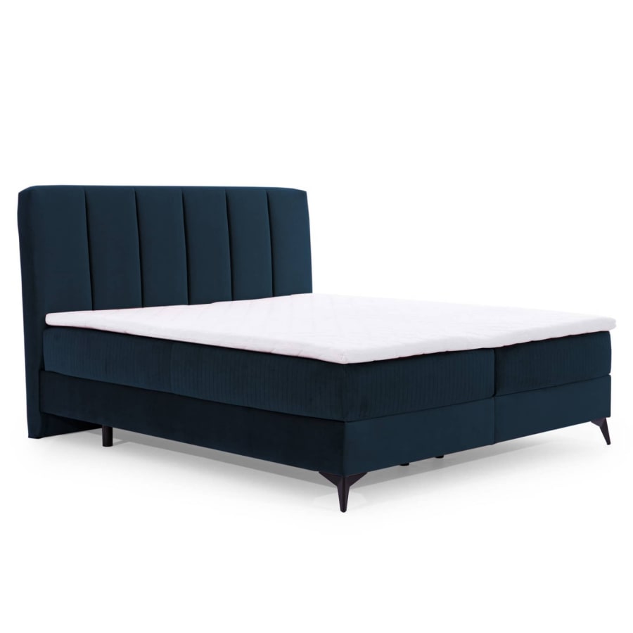 Lit boxspring 140x200 avec coffre de rangement en velours bleu foncé JOSIE