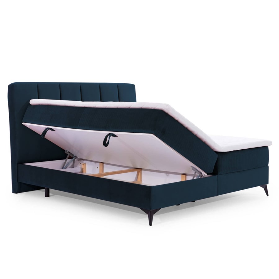 Lit boxspring 140x200 avec coffre de rangement en velours bleu foncé JOSIE