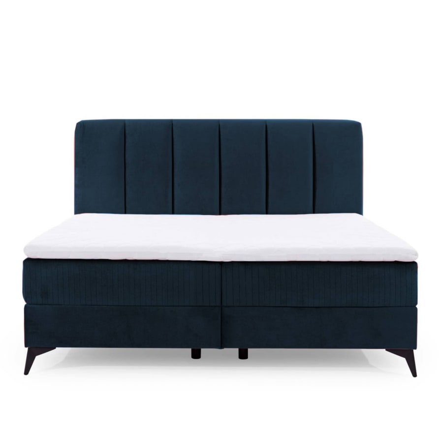 Lit boxspring 140x200 avec coffre de rangement en velours bleu foncé JOSIE