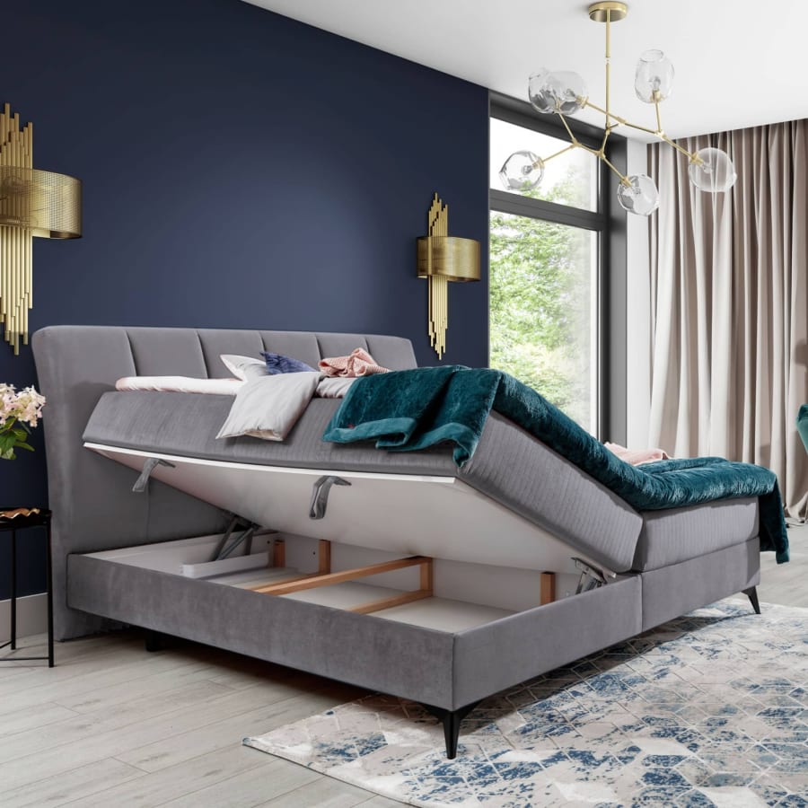 Lit boxspring 140x200 avec coffre de rangement en velours gris JOSIE