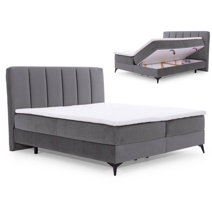 Lit boxspring 140x200 avec coffre de rangement en velours gris JOSIE
