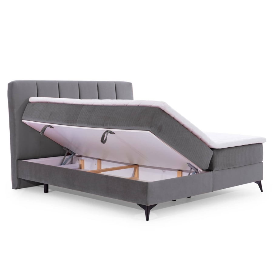 Lit boxspring 140x200 avec coffre de rangement en velours gris JOSIE