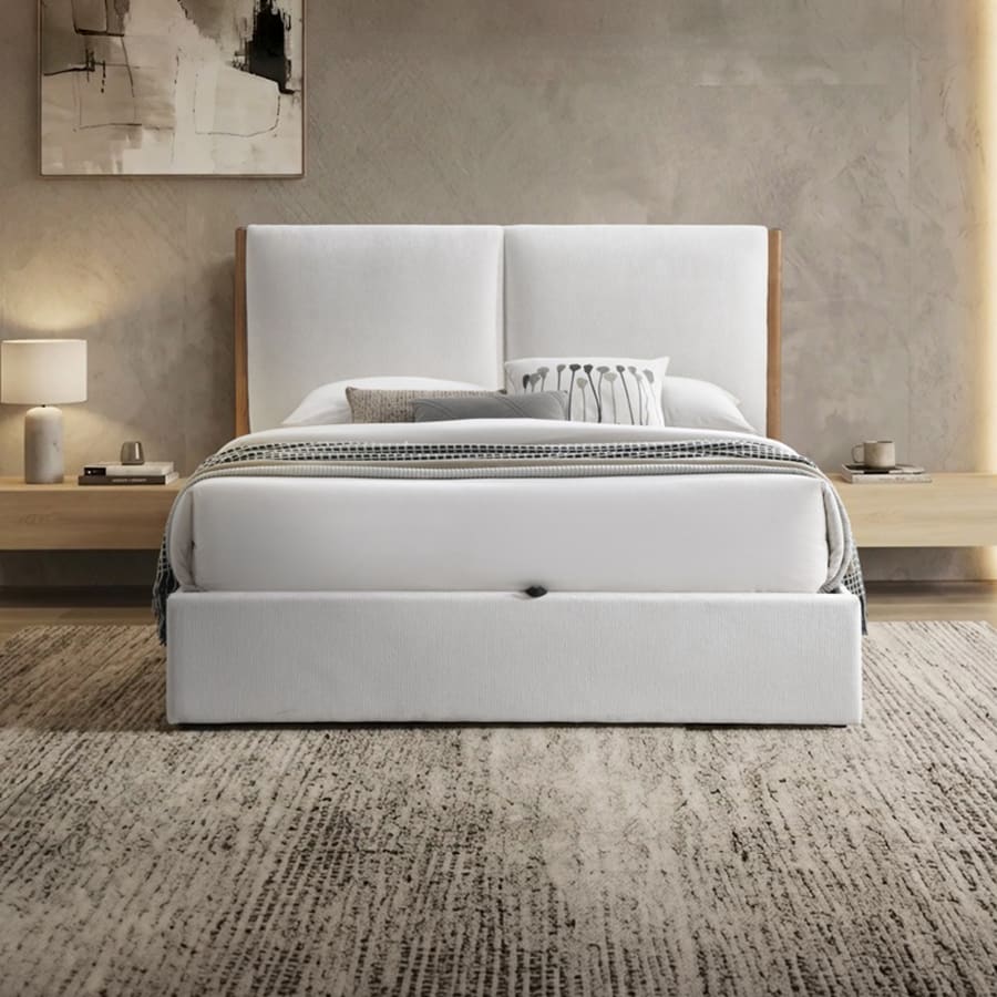 Lit double en tissu beige et bois avec coffre 140x190 cm