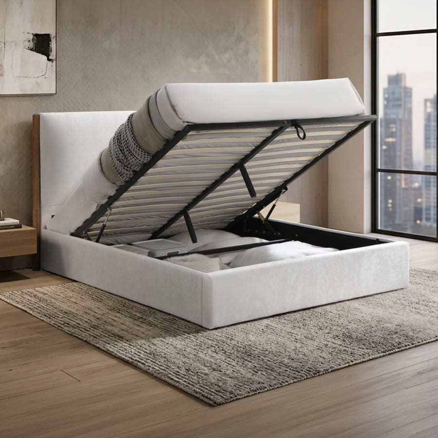 Lit double en tissu beige et bois avec coffre 140x190 cm