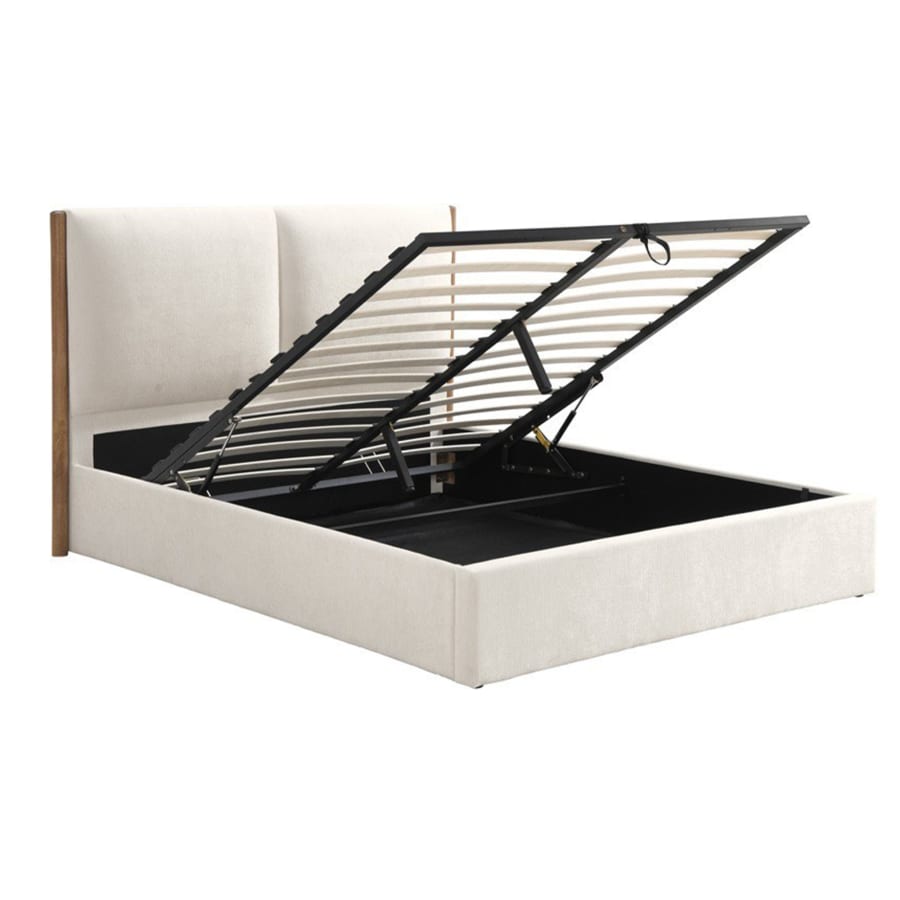 Lit double en tissu beige et bois avec coffre 160x200 cm