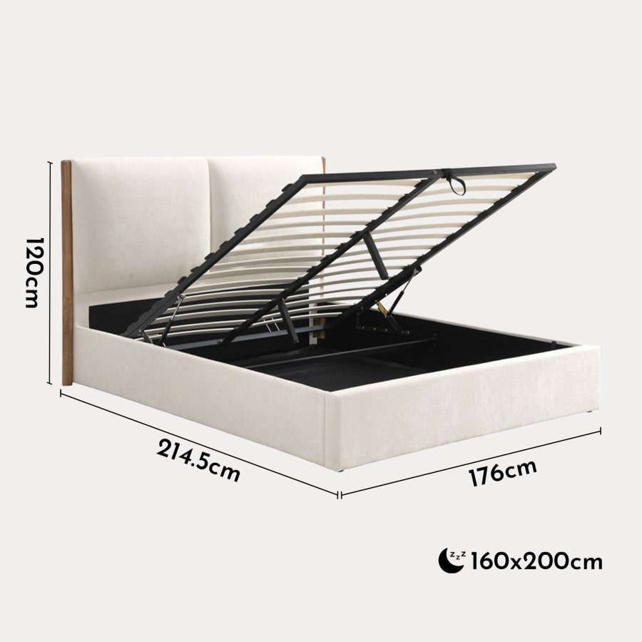 Lit double en tissu beige et bois avec coffre 160x200 cm