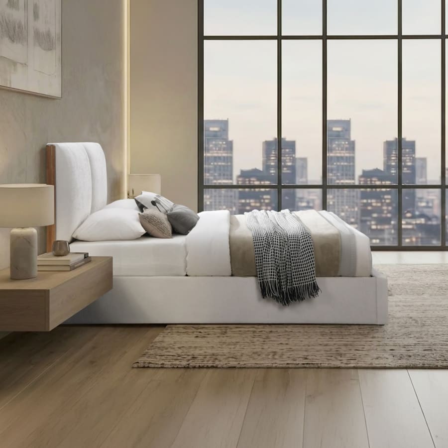 Lit double en tissu beige et bois avec coffre 160x200 cm