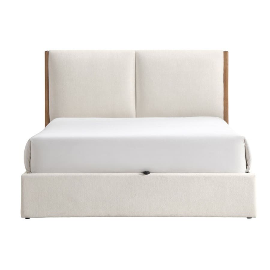 Lit double en tissu beige et bois avec coffre 160x200 cm