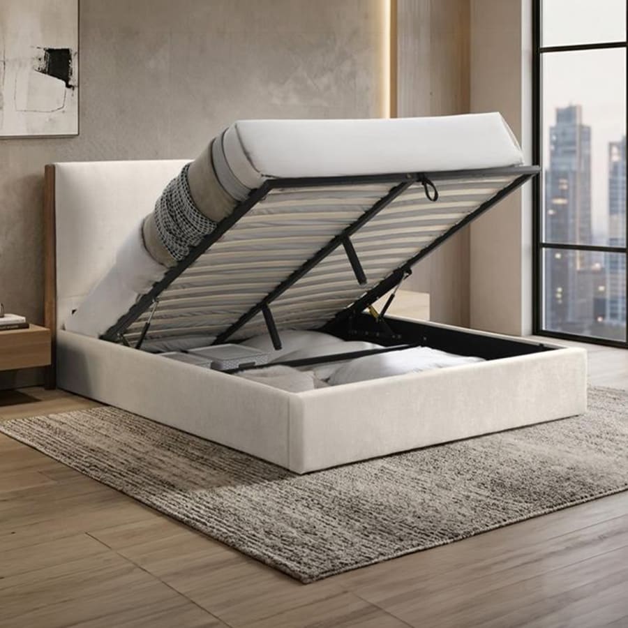 Lit double en tissu beige et bois avec coffre 160x200 cm