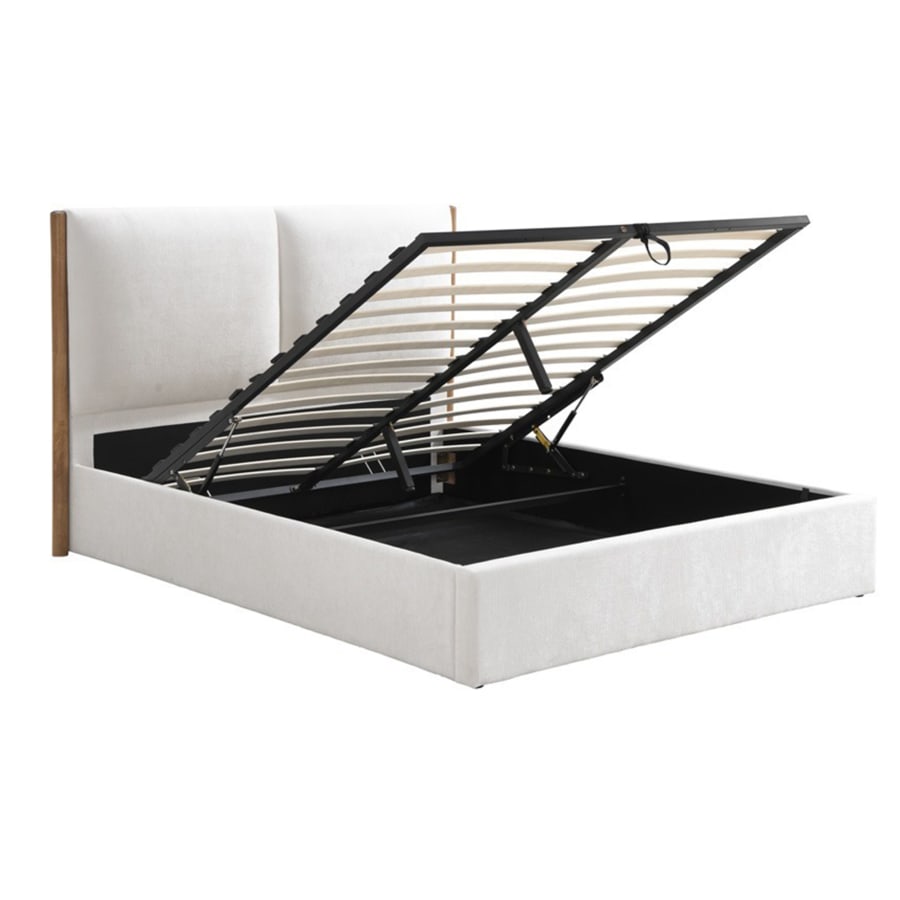 Lit double en tissu beige et bois avec coffre 180x200 cm