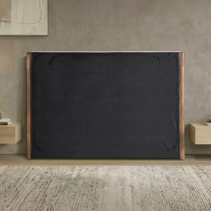 Lit double en tissu beige et bois avec coffre 180x200 cm