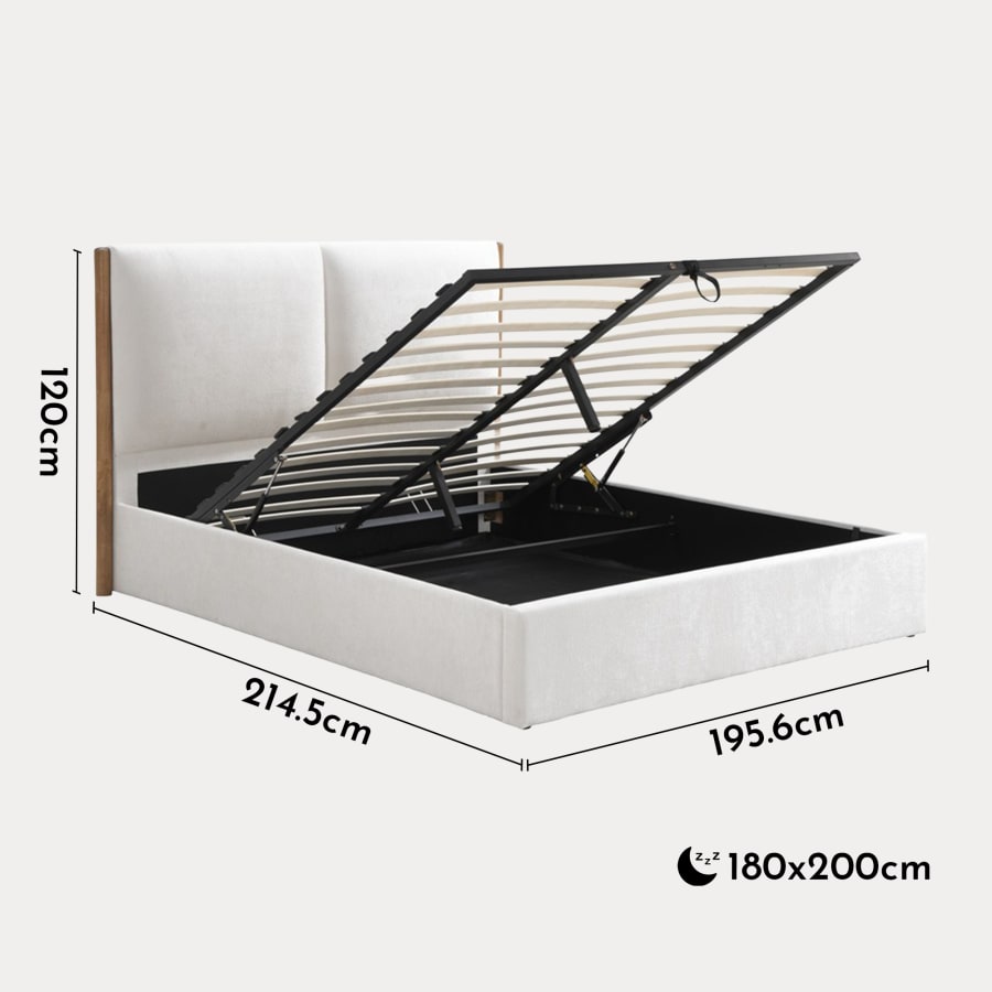 Lit double en tissu beige et bois avec coffre 180x200 cm