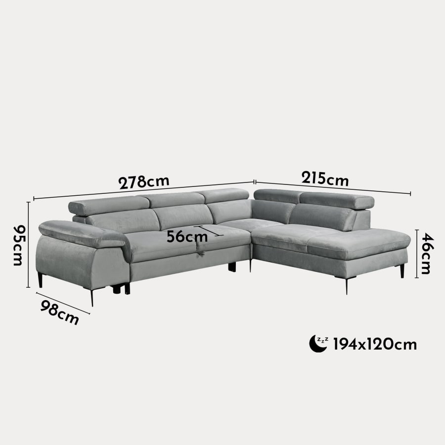 Canapé d'angle convertible avec coffre de rangement en velours gris - Angle droit