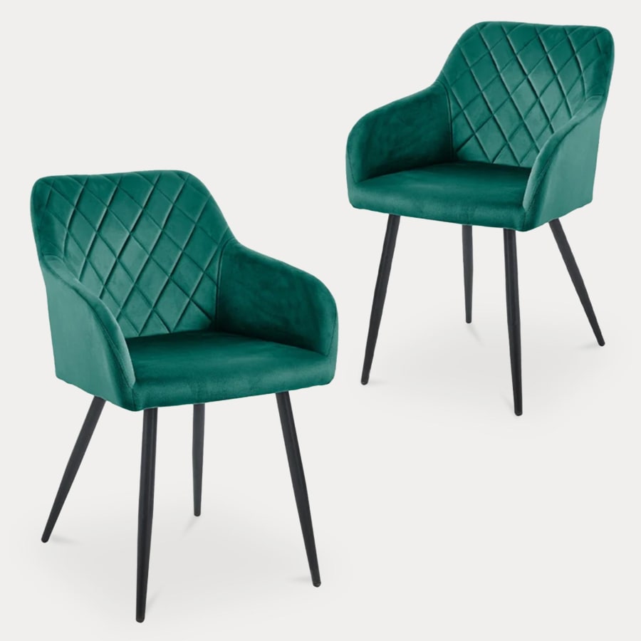 Lot de 2 chaises en velours vert pieds en métal noir