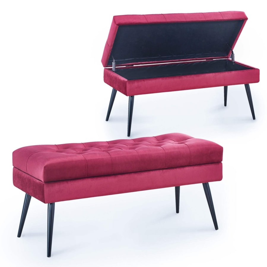 Bout de lit - banquette coffre en velours rouge capitonné