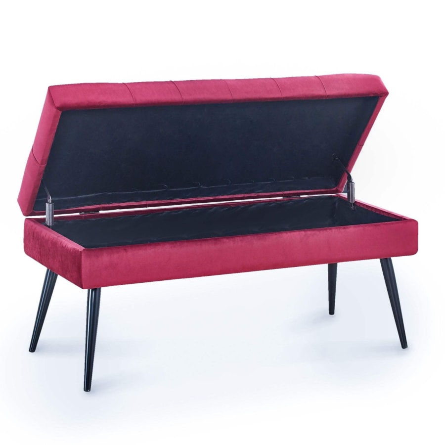 Bout de lit - banquette coffre en velours rouge capitonné